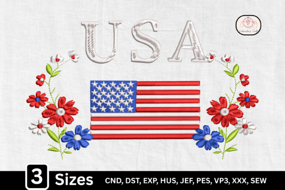 American Flag Floral USA Embroidery Design