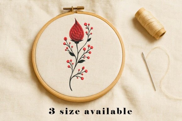 Red Floral Botanical Embroidery Design